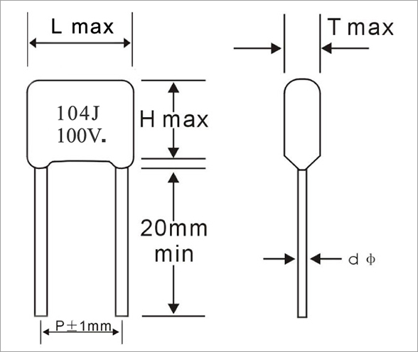 JFLM- 5mm Mini Metallized Polypropylene Film Capacitor Drawing