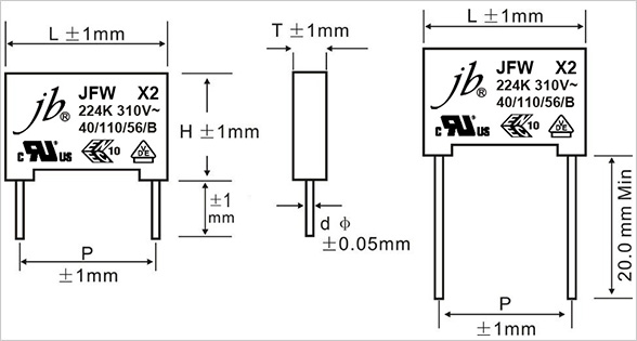JFW - X2 Metallized Polypropylene Film Capacitor (305VAC, 310VAC) Drawing