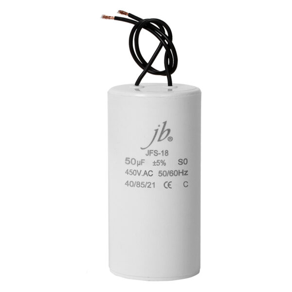 JFS CBB60 Round Shape Motor Capacitors with durable plastic casing, ideal for motor run and start applications in industrial and household equipment.