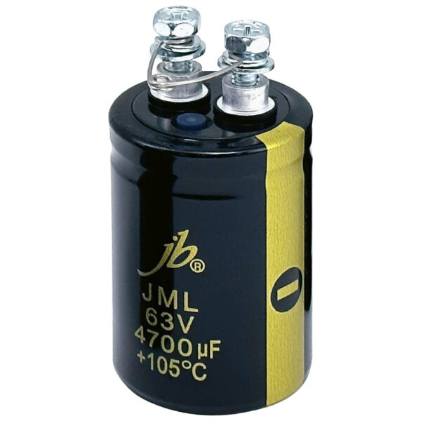 JML - 2000H at 105°C Screw Aluminum Electrolytic Capacitors designed for high-performance applications, featuring a lifespan of 2000 hours at 105°C. These capacitors are ideal for circuits requiring high ripple current handling, with voltage ratings ranging from 10V to 400V and capacitance values from 100μF to 2200μF. Their robust screw terminal design ensures secure connections, making them suitable for use in power supplies, computers, and communication equipment.