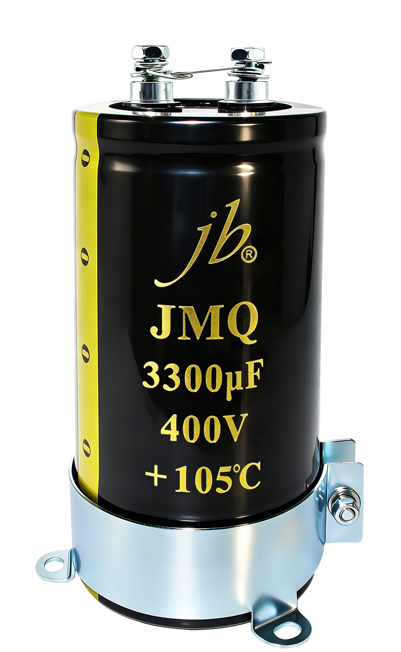 JMQ Screw Aluminum Electrolytic Capacitors designed for high-capacitance applications, featuring secure screw terminals for reliable connections. These capacitors offer a voltage range from 350V to 500V and capacitance values from 1000μF to 18,000μF, with long operational lifespans of up to 10,000 hours at 105°C. Ideal for use in power supply systems, frequency converters, and industrial equipment, they provide excellent ripple current capability and stability in demanding environments.