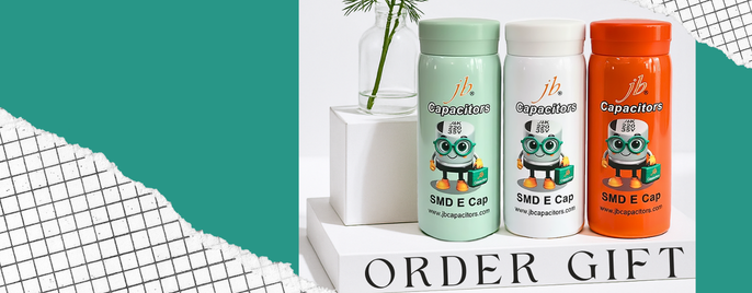 jb Capacitors promotional order gift featuring SMD electrolytic capacitor themed bottles for electronics component branding and customer giveaways