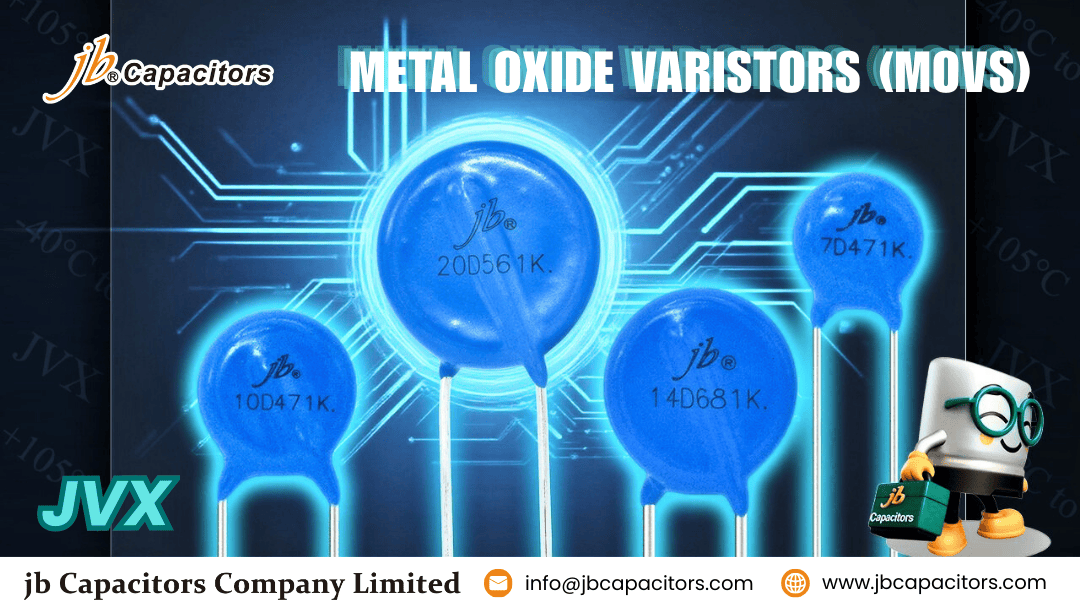 Metal oxide varistors (MOVs) by jb Capacitors, JVX series surge protection components with multiple disc sizes for power supplies, industrial electronics, and automotive applications.