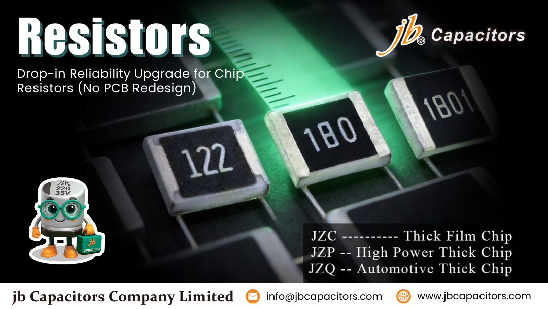 jb Capacitors resistor banner showing SMD chip resistors marked 122 and 180, highlighting drop-in reliability upgrade for chip resistors with JZC, JZP, and JZQ series and company contact information.