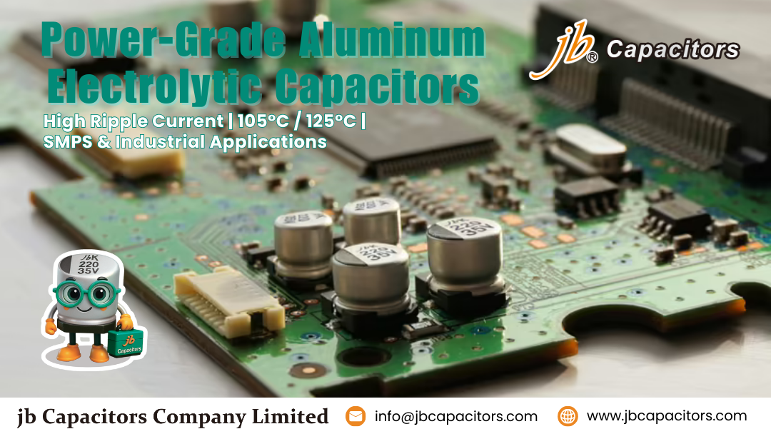 SMD aluminum electrolytic capacitors mounted on PCB for power supply filtering and industrial electronics, low ESR high ripple current design by jb Capacitors