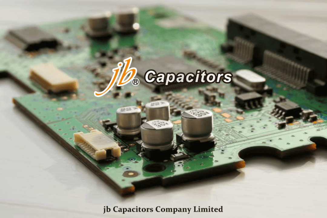 SMD aluminum electrolytic capacitors mounted on PCB for power supply filtering and industrial electronics, low ESR high ripple current design by jb Capacitors