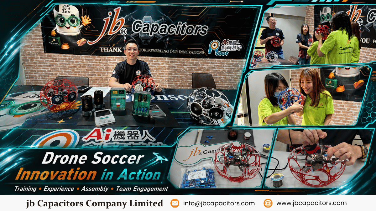 jb Capacitors supports drone soccer STEM training with hands-on hardware assembly, electronic components, and team learning at AI Robot Taiwan