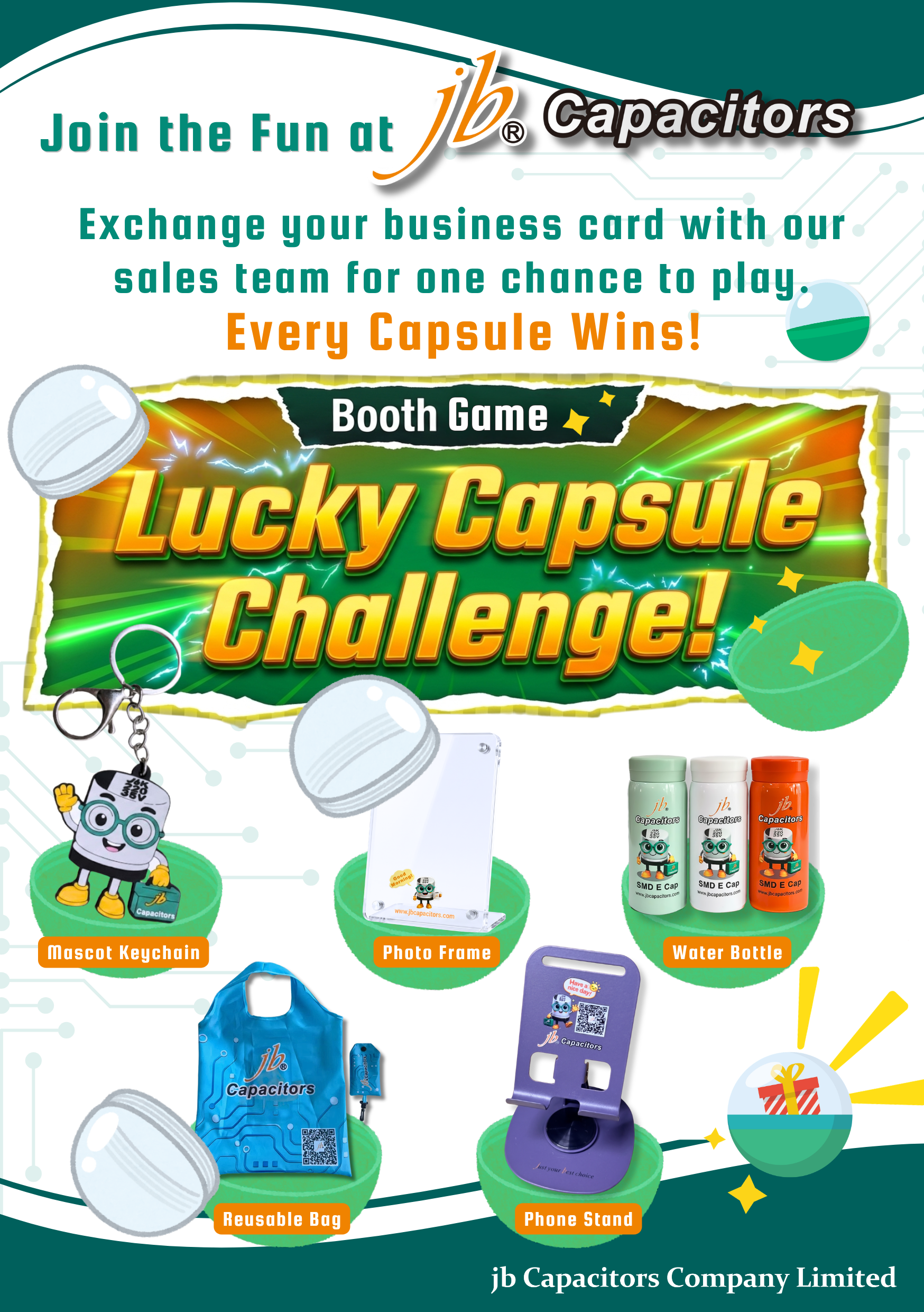 Lucky Capsule Challenge prizes at the jb Capacitors electronica 2026 booth