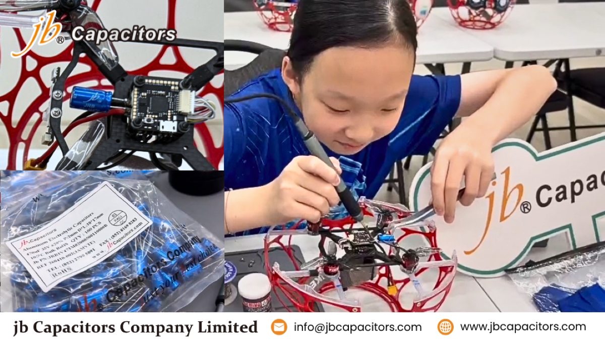 Student assembling a drone with electronic components sponsored by jb Capacitors for hands-on drone education
