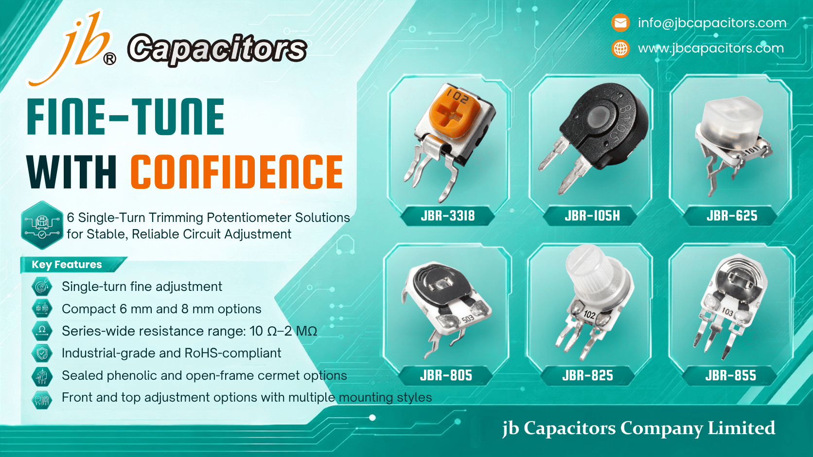 jb Single-Turn Trimming Potentiometer Series 6mm and 8mm Ceramic and Cermet Trimmers