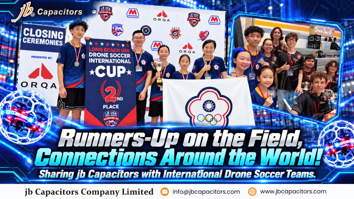 jb Capacitors-supported drone soccer team celebrates second place in Long Beach with a trophy, team flag and international team exchange